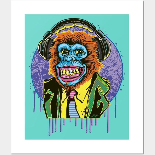 Psychedelic Chimp Sporting Headphones Wall Art by Mudge